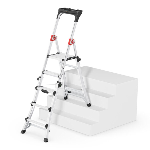 Hailo-TL100-TopLine-Telescopic-Stepladder-used-on-stairs